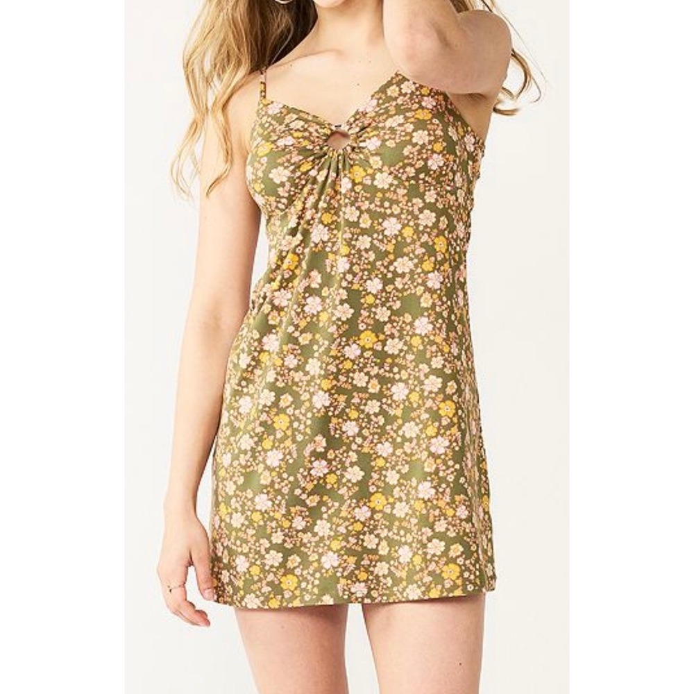 SO Olive Floral Mini Dress V-Neck O-Ring Retro 70s Style Sleeveless Lg 0016
